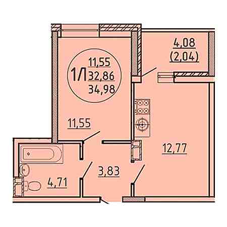 1 комнатная 32.98м²