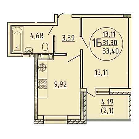 1 комнатная 33.4м²