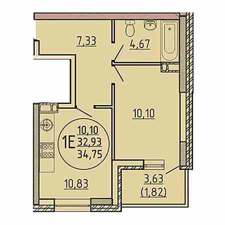 1 комнатная 34.75м²