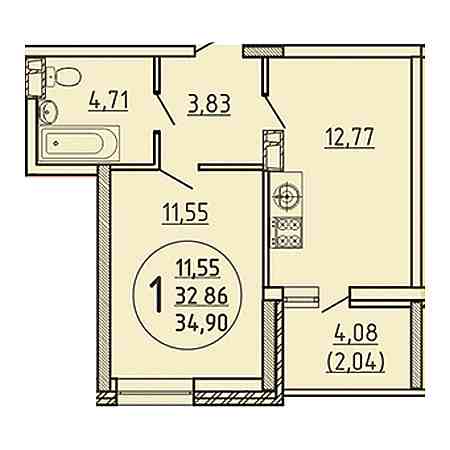 1 комнатная 34.9м²