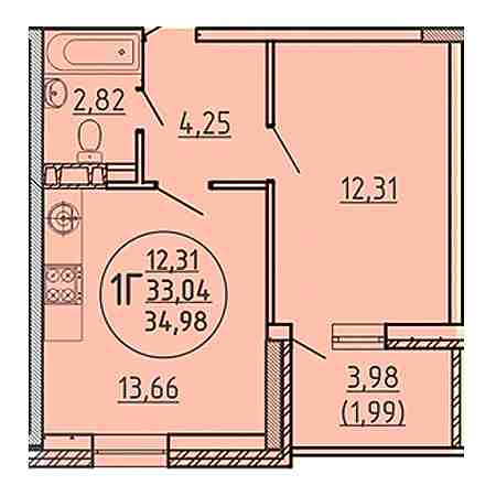 1 комнатная 34.98м²