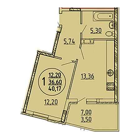 1 комнатная 40.17м²