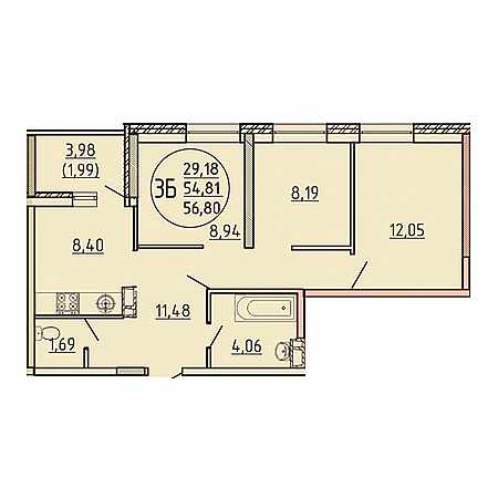 3 комнатная 56.8м²