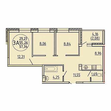 3 комнатная 57.34м²