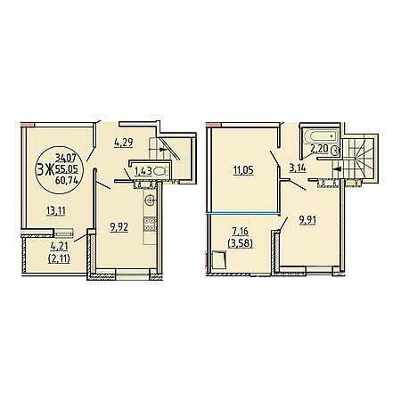 3 комнатная 60.74м²