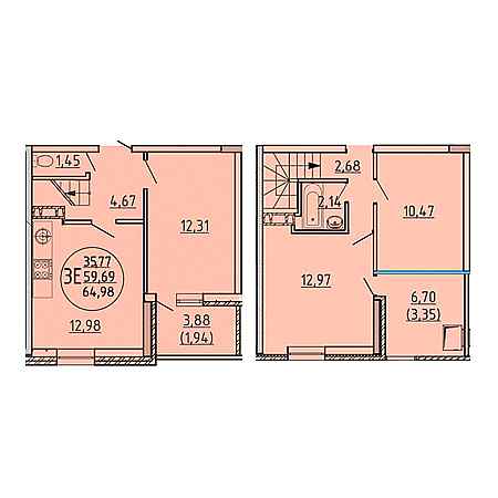 3 комнатная 64.98м²