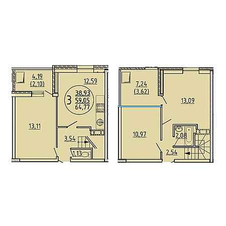 3 комнатная 64.77м²