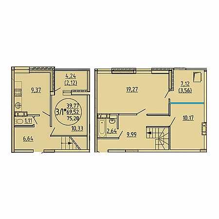 3 комнатная 75.2м²