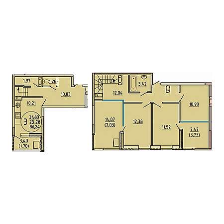 3 комнатная 86.24м²