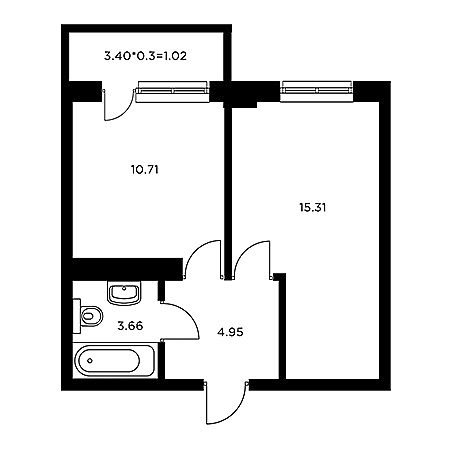 1 комнатная 35.65м²