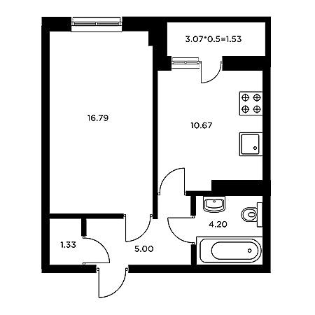 1 комнатная 39.52м²