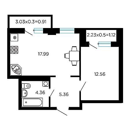 1 комнатная 42.29м²