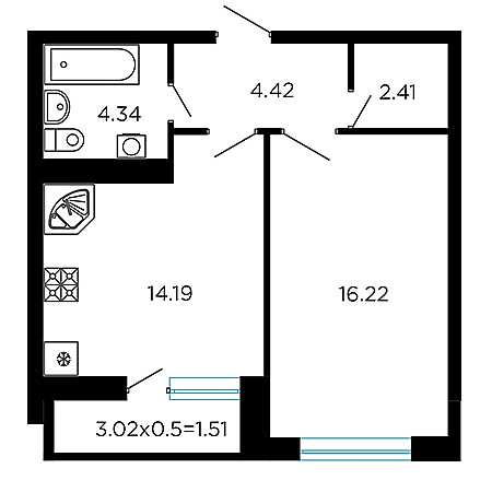 1 комнатная 43.1м²