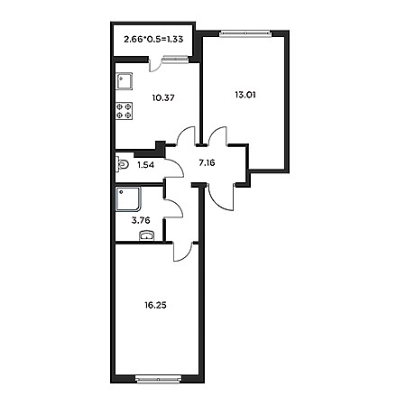 2 комнатная 54.85м²