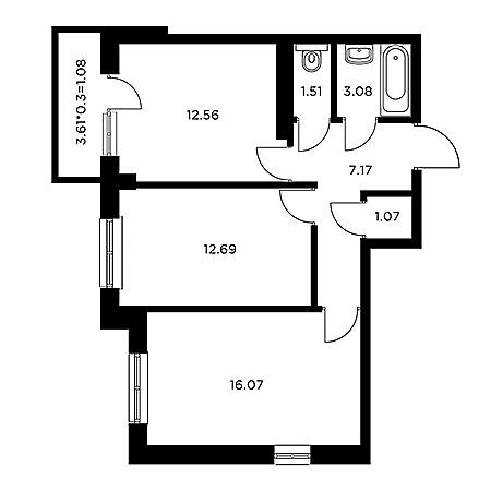 2 комнатная 55.23м²