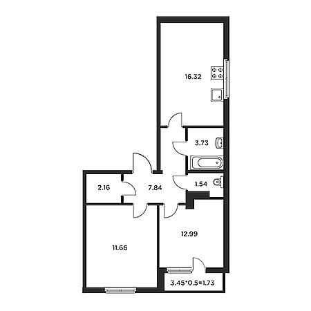 2 комнатная 57.96м²