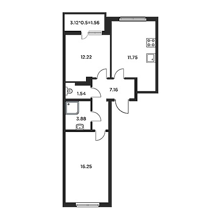 2 комнатная 55.75м²