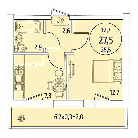 1 комнатная 27.5м²