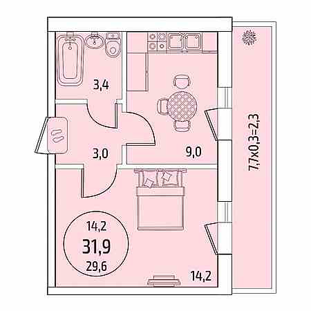 1 комнатная 31.9м²