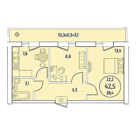 2 комнатная 42.5м²