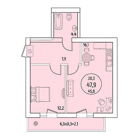 2 комнатная 47.9м²