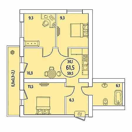 3 комнатная 61.5м²