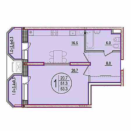 1 комнатная 53.3м²