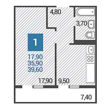 1 комнатная 39.6м²