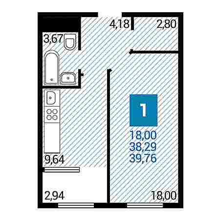 1 комнатная 39.76м²