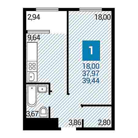 1 комнатная 39.44м²