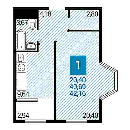 1 комнатная 42.16м²