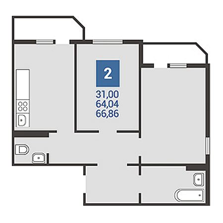 2 комнатная 66.86м²