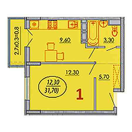 1 комнатная 31.7м²