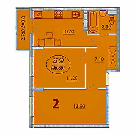 2 комнатная 46.8м²