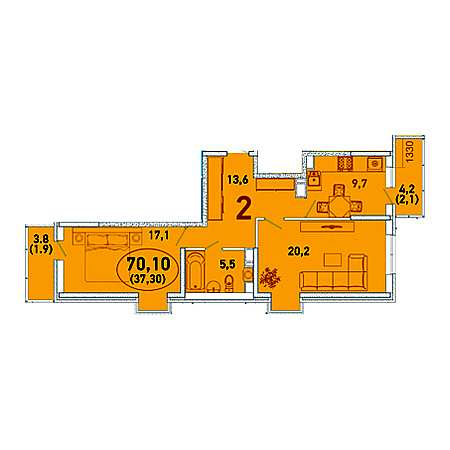 2 комнатная 70.1м²