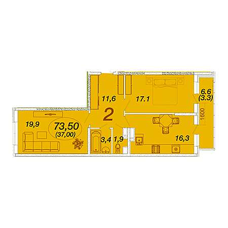 2 комнатная 73.5м²