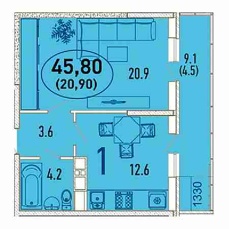 1 комнатная 45.8м²