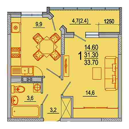 1 комнатная 33.7м²