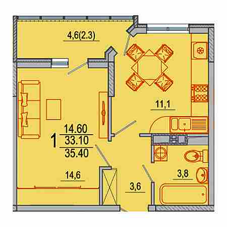 1 комнатная 35.4м²