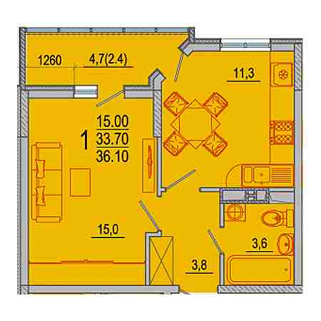 1 комнатная 36.1м²