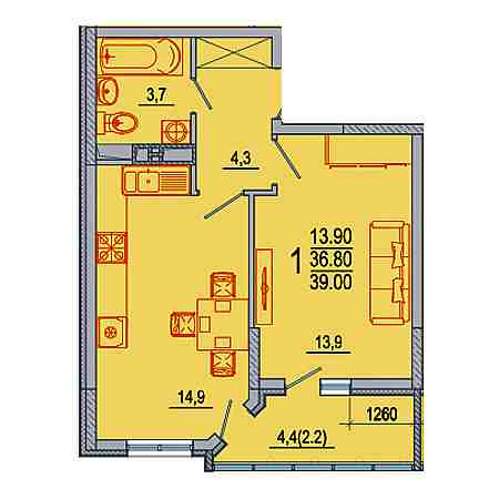 1 комнатная 39м²