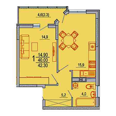 1 комнатная 42.4м²