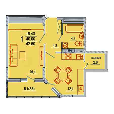 1 комнатная 42.6м²