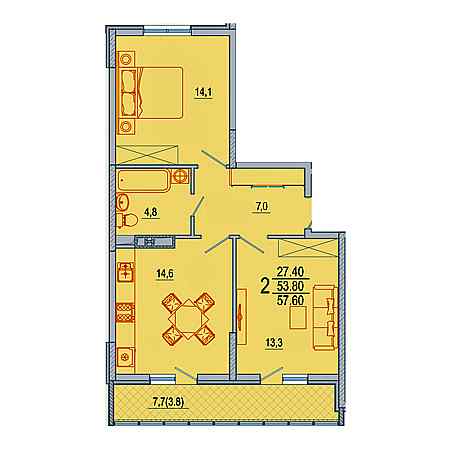 2 комнатная 57.6м²