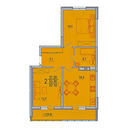 2 комнатная 57.1м²