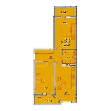 2 комнатная 61.6м²