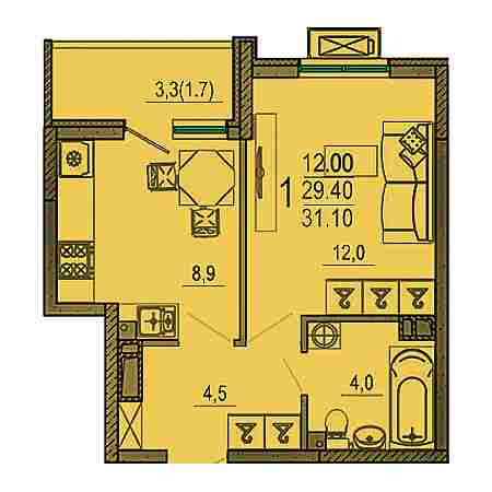 1 комнатная 31.1м²