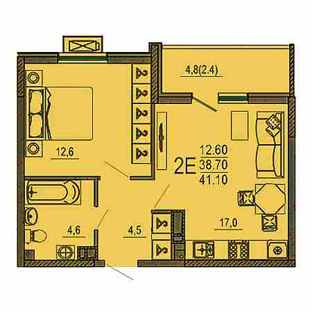 1 комнатная 41.1м²