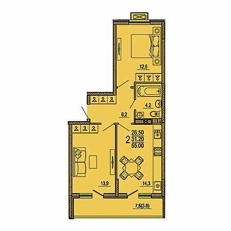 2 комнатная 55м²