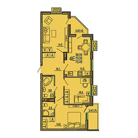 3 комнатная 73.4м²